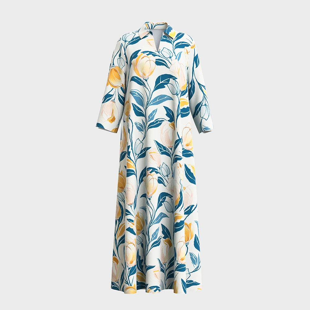 Plus Size Rafiah Women's Summer Arabian Dress 2025 Botanical Print Loose Fit Long Sleeve Lapel Draped Long Dress