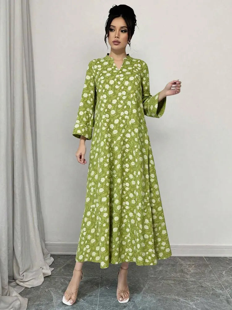 Rafiah Women's Even Dress Arabian 2025 Summer Chic Full Print Long Sleeve Half Open Collar Midi Draped Long Dress