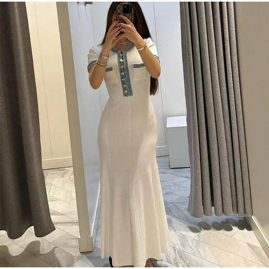 Elegant Women Knit Maxi Dress – O-Neck, Short Sleeve, Metal Buttons | 2025 Office Style