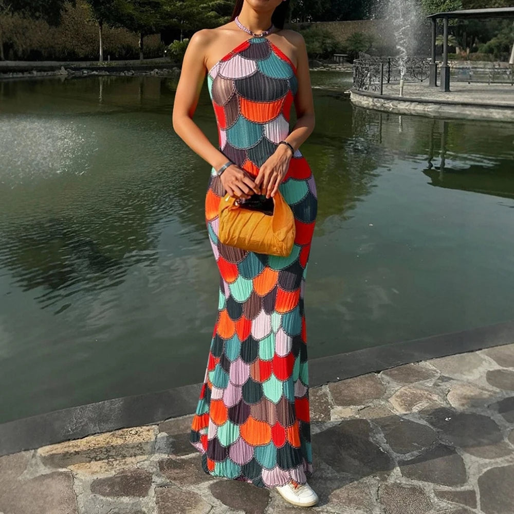 Rafiah Women's Arabian Dress Spring Summer K-Fashion Full Print Sleeveless Halter Neck Strapless Arabian Dress For Women
