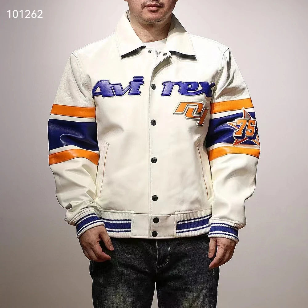Men's Clothing Genuine Leather Jacket with American Size French Lamb Leather Embroidery Autumn Winter Classic Warm Casual Coat