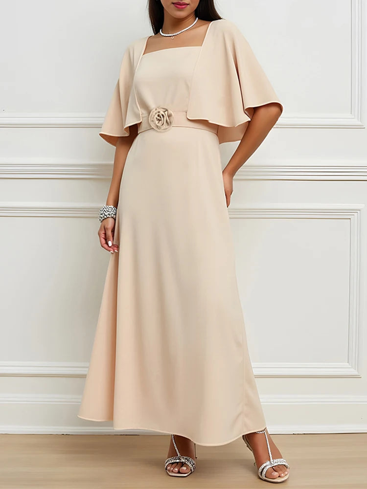 Rafiah Women's Dresses Summer Decent Daily Three-Dimensional Decoration Floral Cloak Sleeves Square Neck Shift Midi Long Dress