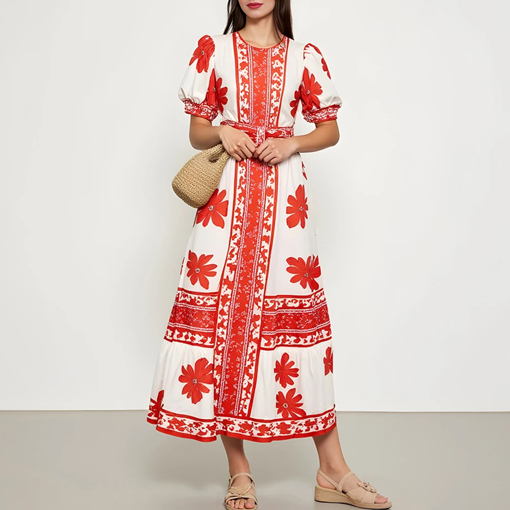Rafiah Women's Dresses Summer Comfortable Elegant 2025 Floral Classic Short Sleeve Round Neck A-Line Midi Vacation Long Dress