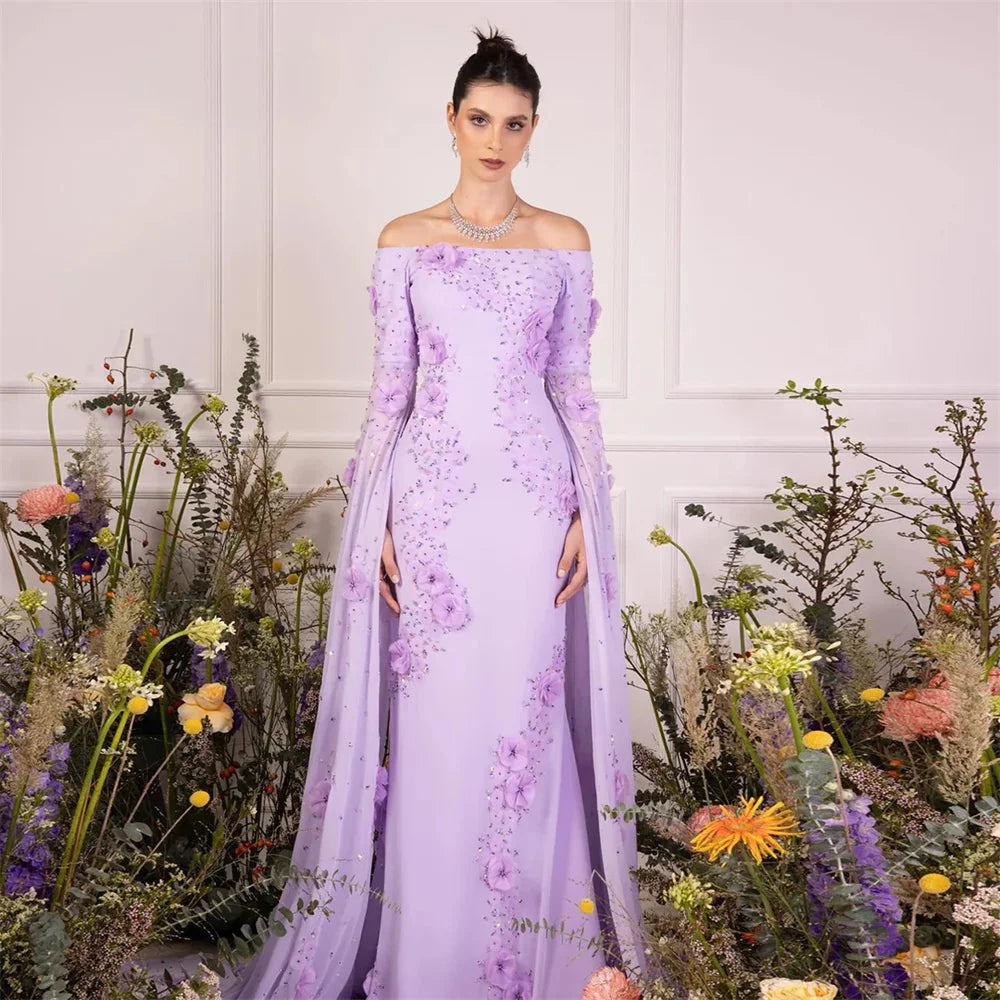 Mila Purple Off the Shoulder Sheath Party Dresses 3D Flower Long Sleeve Evening Dresses Beading Elegant Customized Prom Dresses