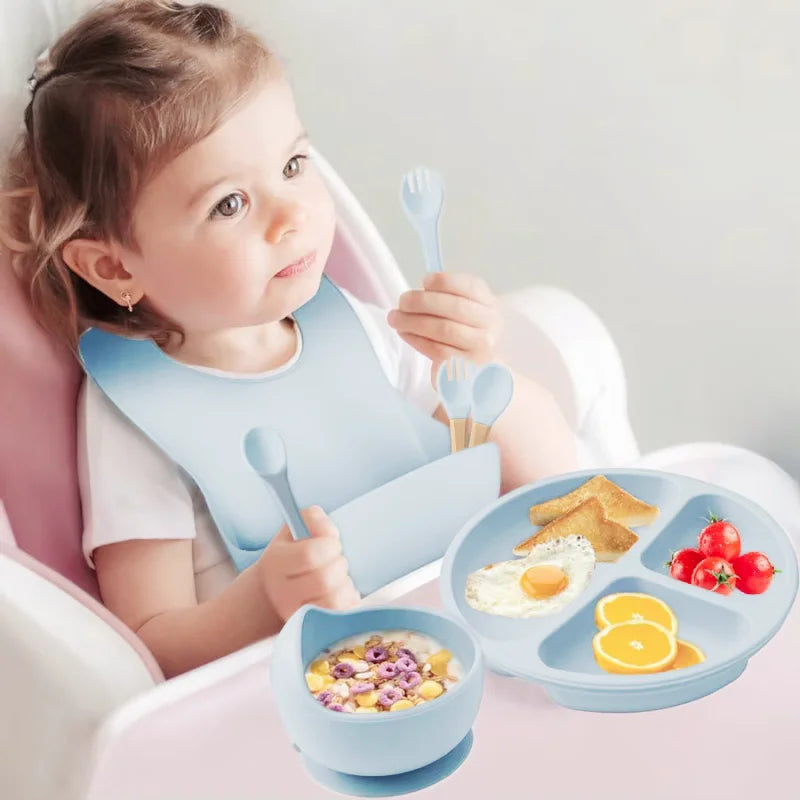 9pcs Baby Silicone Feeding Waterproof Set Children Suction Bowl Plate Spoon Fork Bibs Cup Kids Training Tablewear Bpa Free Gifts