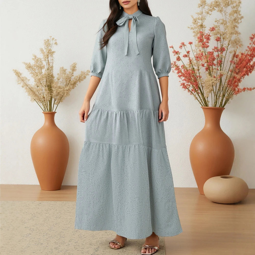 Rafiah Summer Dress 2025 Women's Simple Lace-Up Half Sleeve Crew Neck High Waist Casual A-Line Long Arabian Dress