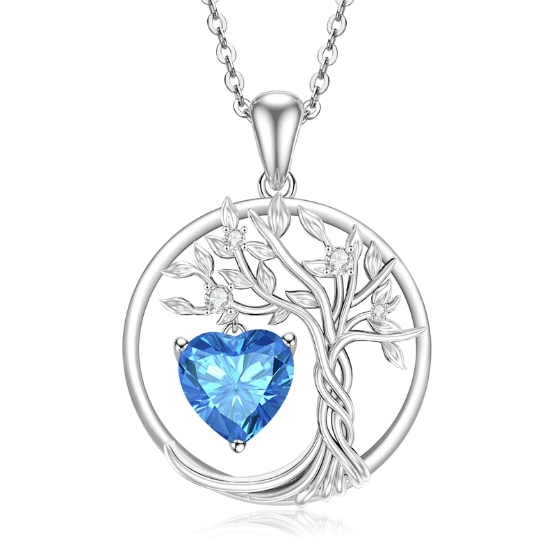 Lnngy 925 Sterling Silver Tree of Life Circle Pendant Necklace Colorful Birthday Stone Necklaces Jewelry for Women Daily Gift