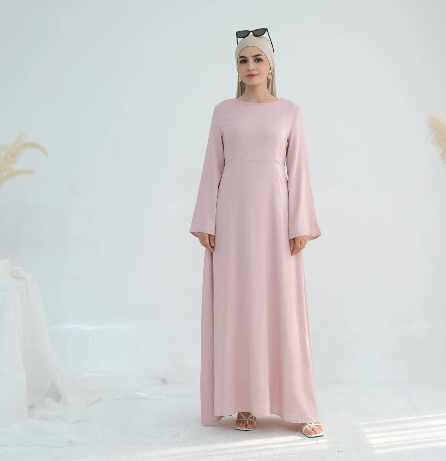 2025 Linen Pink Abaya Eid Ramadan Modest Maxi Dress Solid Color Robe Arabe Elegant Women Muslim Dresses Caftan Marocain Femme