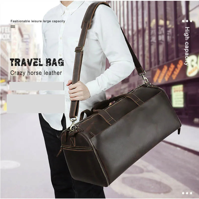 Crazy Horse Leather Folding Suit Bag Man Business Travel Bag With Shoe Pocket Clothes Cover Luggage Duffel Bag Man Bag For Suits