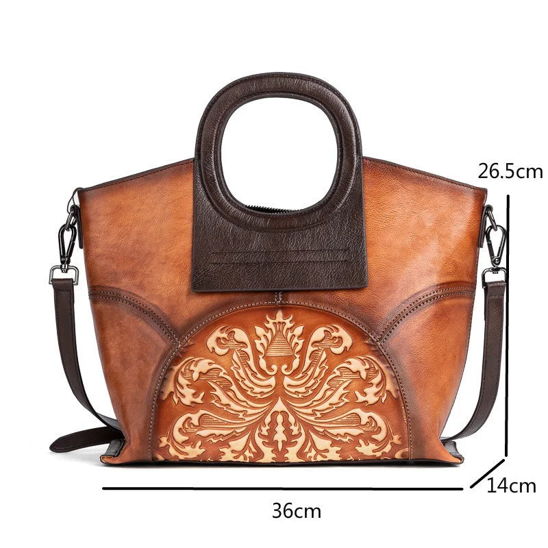 MOTAORA Genuine Leather Luxury Shoulder Bags for Women, Vintage Handmade Designer Cowhide Handbags with Embossed Details