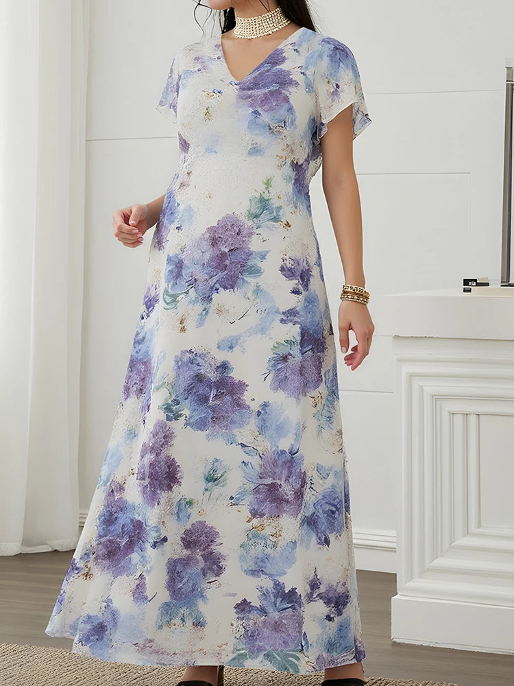 Rafiah Women's Dresses Summer 2025 Elegant Floral Print Contrast Color Short Sleeve V-Neck Daily Fashion Loose Dresses