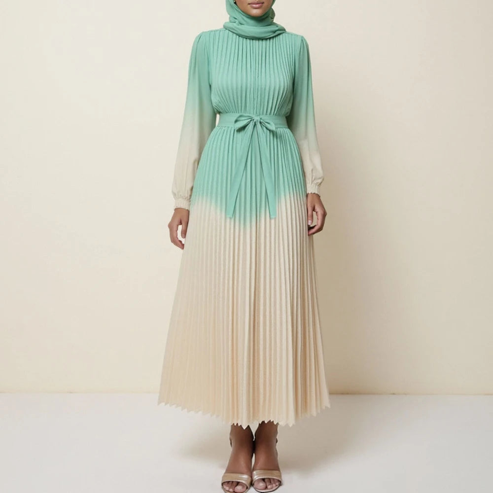 Rafiah Autumn Arabian Long Dress 2025 Fashion Basics Gradient Pleated Long Sleeve Crew Neck A-Line Dress For Women
