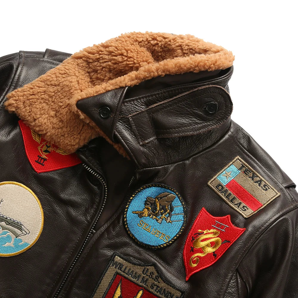 Top Gun Genuine Cowhide Leather Jacket with Wool Collar – Embroidered Unisex Motorcycle Coat