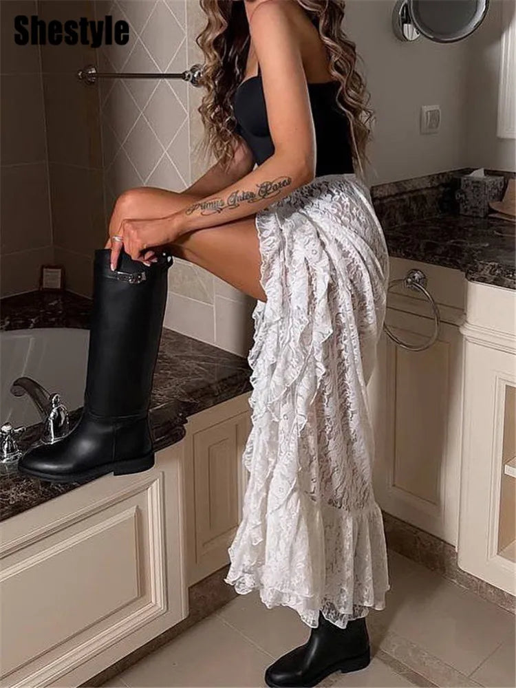 Shestyle Lace Transparent Long Skirts for Women Asymmetrical Floral Ruffles Summer 2025 Nre Stylish Outfits Holiday Slit Elegant