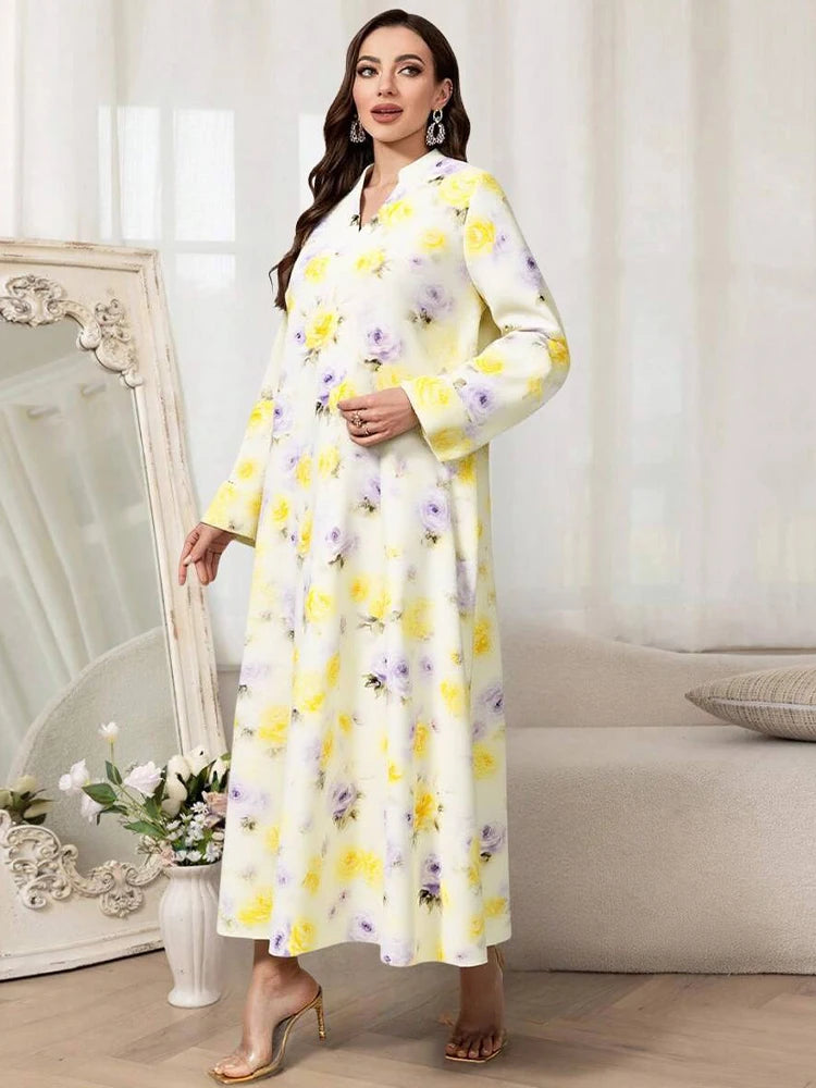 Rafiah Women's Even Dress Arabian 2025 Summer Elegant Contrast Color Flower Print Long Flare Sleeve Half Open Collar Long Dress