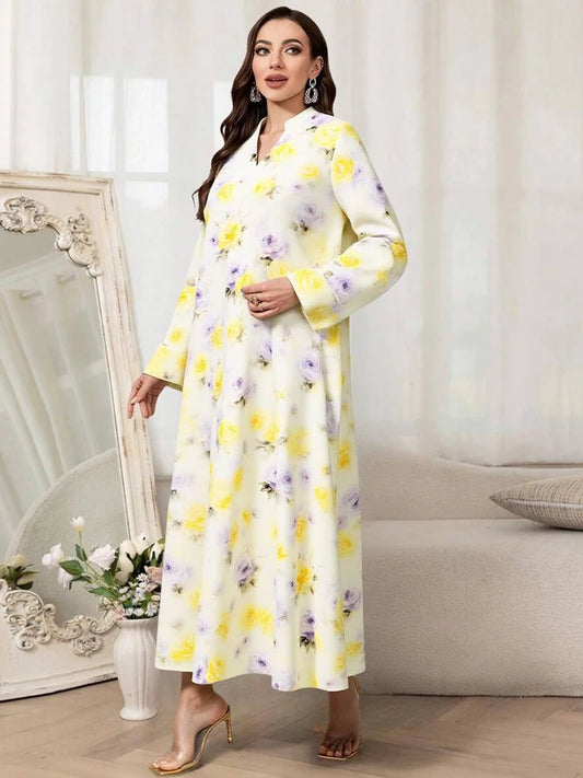 Rafiah Women's Even Dress Arabian 2025 Summer Elegant Contrast Color Flower Print Long Flare Sleeve Half Open Collar Long Dress