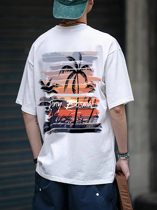 Men's 100% Cotton Casual Palm Tree Printed Short Sleeve T-Shirt