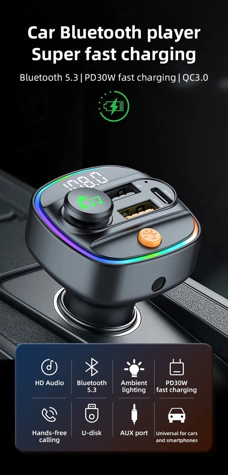 جهاز إرسال FM من شاومي مزود بتقنية البلوتوث 5.3 بدون استخدام اليدين ومشغل MP3 مع محول شحن سريع وملحقات السيارات