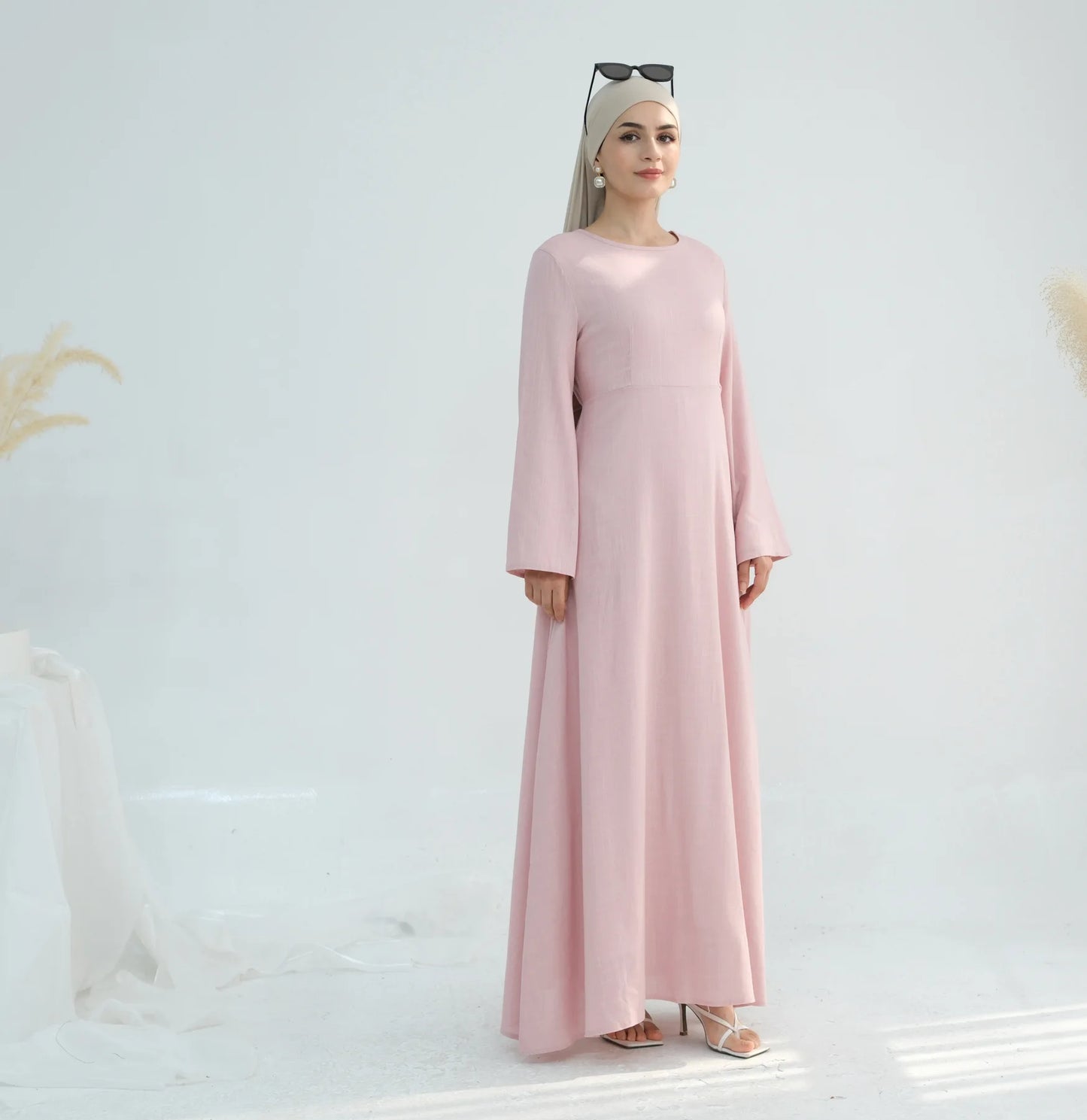 2025 Linen Pink Abaya Eid Ramadan Modest Maxi Dress Solid Color Robe Arabe Elegant Women Muslim Dresses Caftan Marocain Femme