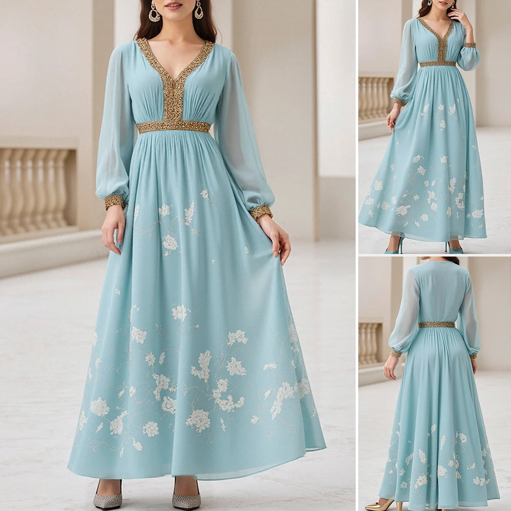 Rafiah Autumn Arabian Long Dress 2025 Modest Fashion Floral Patchwork Long Sleeve V-Neck Midi Shift Dresses For Women