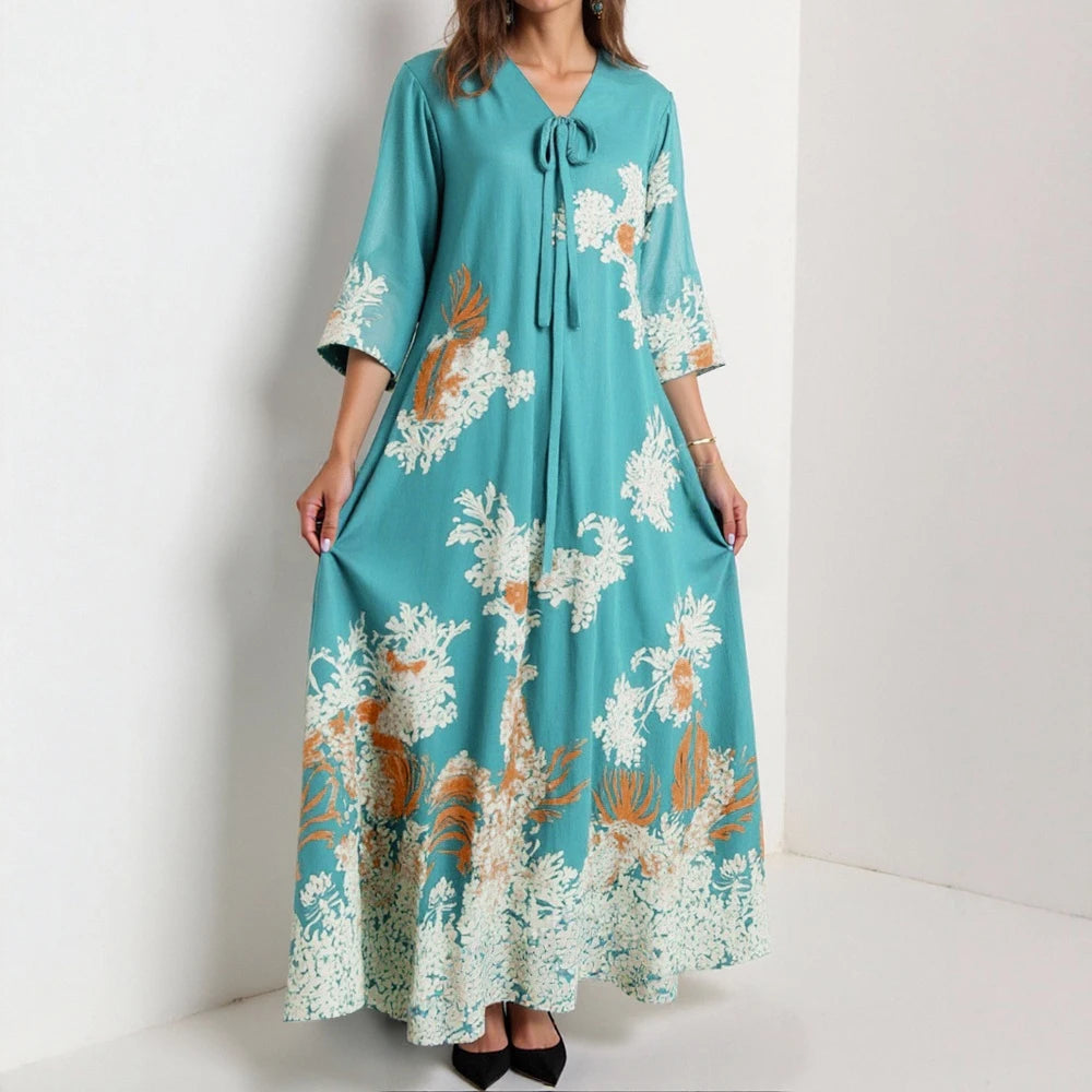 Rafiah Women's Dresses Summer Elegant 2025 Floral Opulent Long Sleeve V-Neck A-Line Midi Vacation Long Dresses