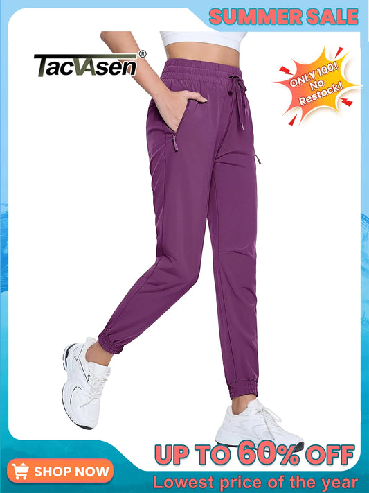 TACVASEN Quick Dry Hiking Pants Womens Outdoor Sports Drawstring Waist Joggers Waterproof Lightweight 3 Zipper Pockets Trousers