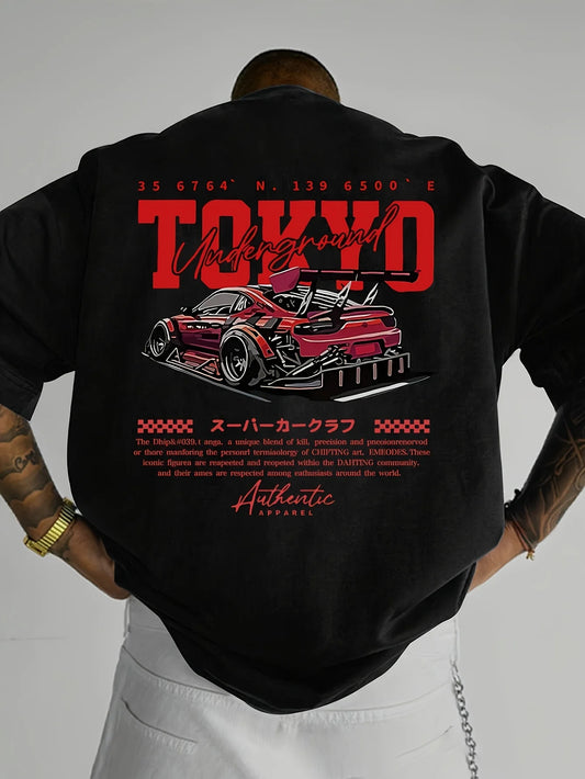 Men's Summer 100% Cotton Fashionable Casual Loose Large Size Japanese Tokyo Pattern Printed Round Neck Short Sleeve T-shirt Top