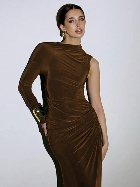 Articat Elegant Single Sleeve High Elasticity Tight Fold Dress Women New 2025 Winter Party Club Evening Dress Bodycon Vestdos