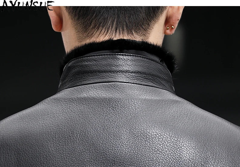 AYUNSUE 100% Real Goatskin Men Leather Jacket Stand Collar Detachable Down Liner and Mink Fur Liner Jackets Winter Mens Fur Coat