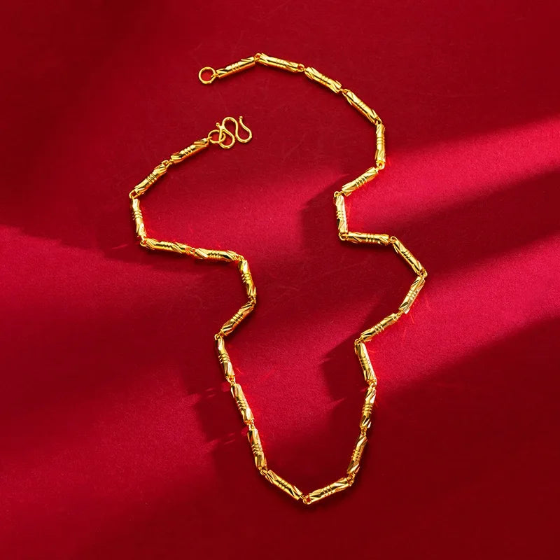 9999 24K real gold cylindrical double bamboo necklace real gold men's and women's solid color bamboo necklace gold jewelry
