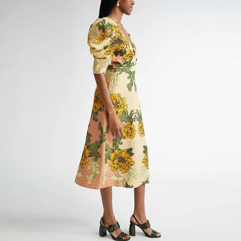 Summer V Neck Short Sleeve A-line Flower Printed Long Dress Women Beach Holiday Vestidos Boho Vintage Dresses Woman