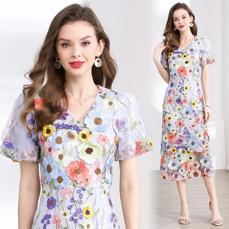 Summer High-end Embroidery Lace Prom Dress Women French Luxury 3D Flower Short Sleeve Long Dress Party Bodycon Holiday Vestido
