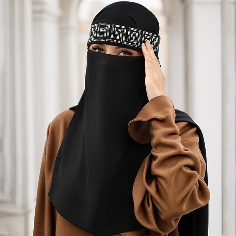 Black Chiffon Scarf Tie Back Niqab New Pearl Face Cover Muslim Prayer Khimar Niqab Face Cover for Women Solid Color Shawls