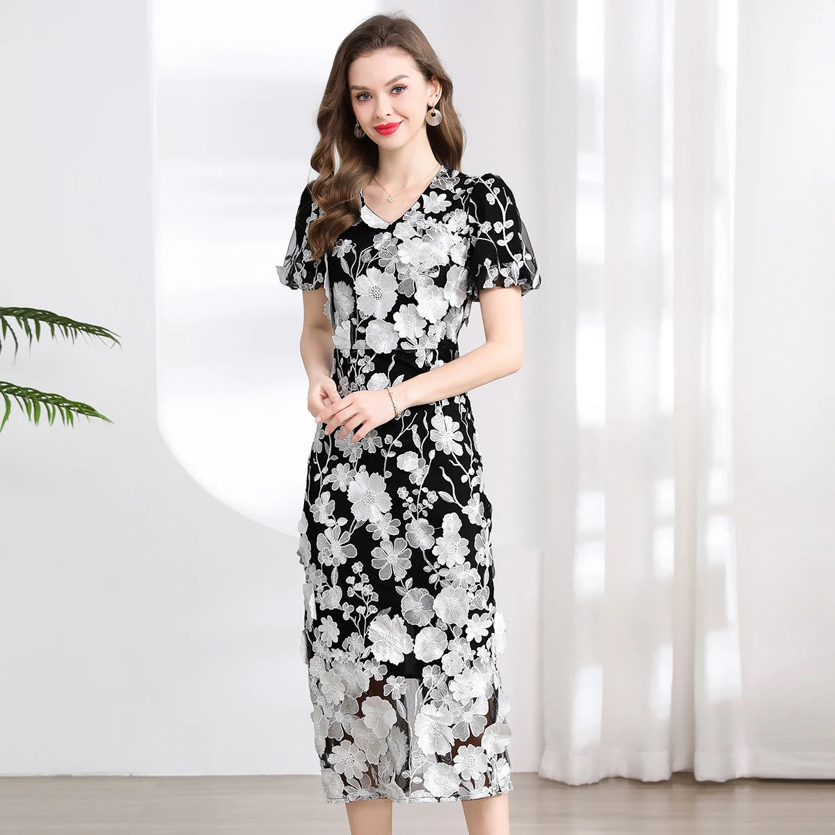 Summer High-end Embroidery Lace Prom Dress Women French Luxury 3D Flower Short Sleeve Long Dress Party Bodycon Holiday Vestido