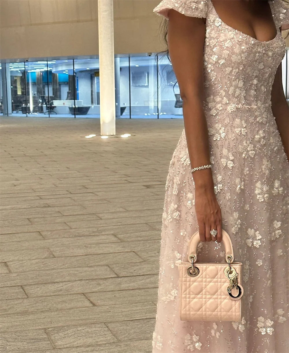 PRE ORDER Custom Made dress 20 days delivery!!! By Mila. Pink Square Collar Prom Dress Short Sleeve Backless Customized Luxurious