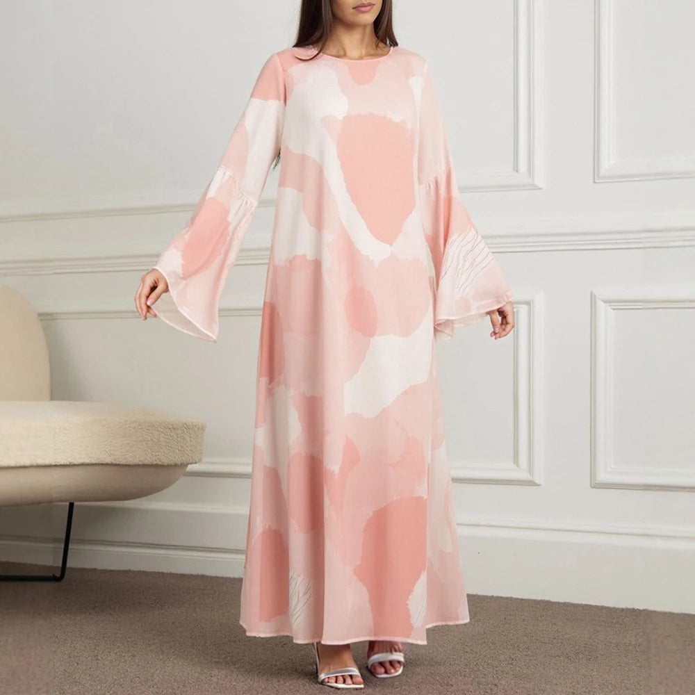 Rafiah Women's Dresses Summer Comfortable Elegant 2025 Patchwork Loose Long Sleeve Round Neck A-Line Midi VacationLong Dress