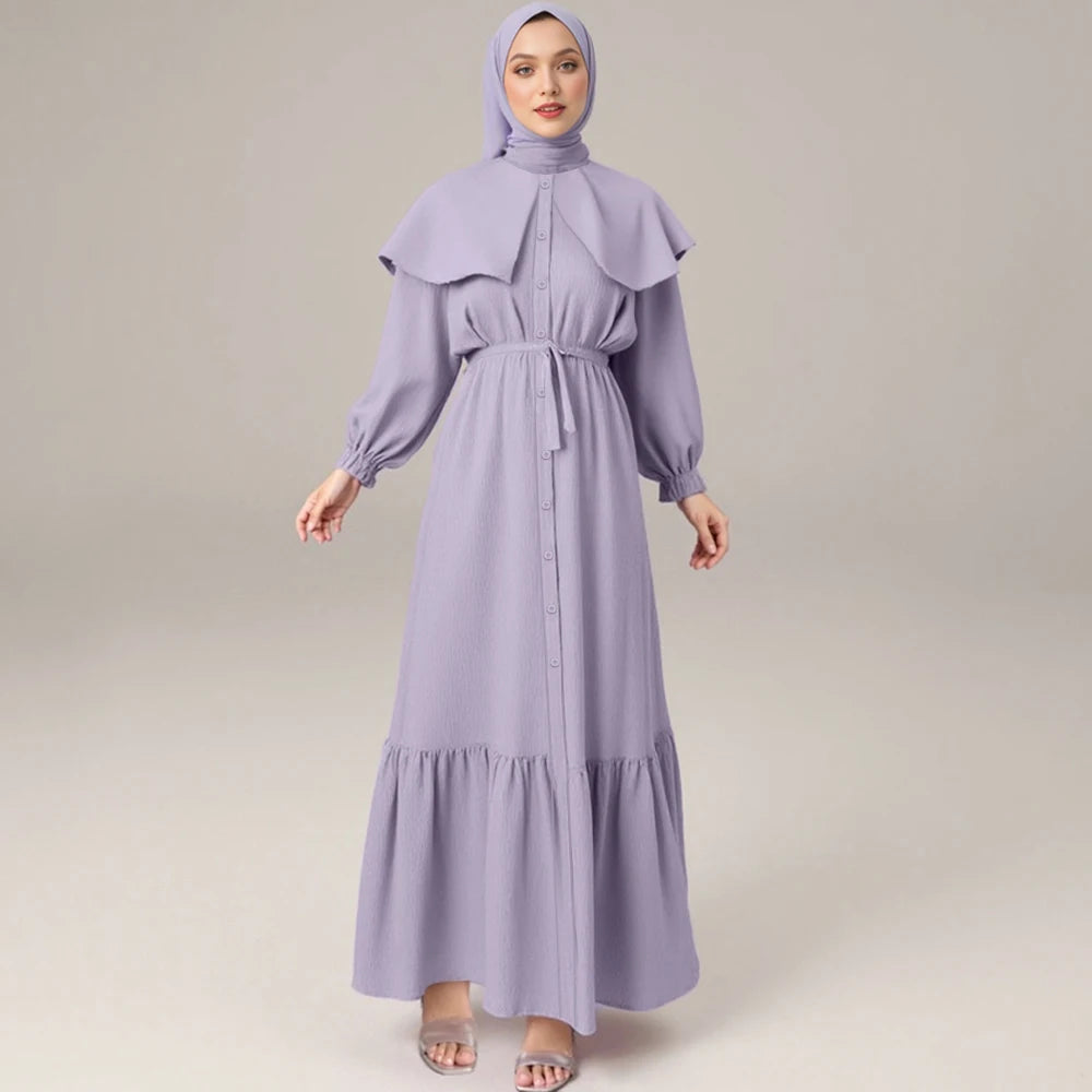 Rafiah Summer Long Dresses 2025 Traditional Solid Color Single Breasted Long Sleeve Crew Neck Midi Casual Dresses For Women
