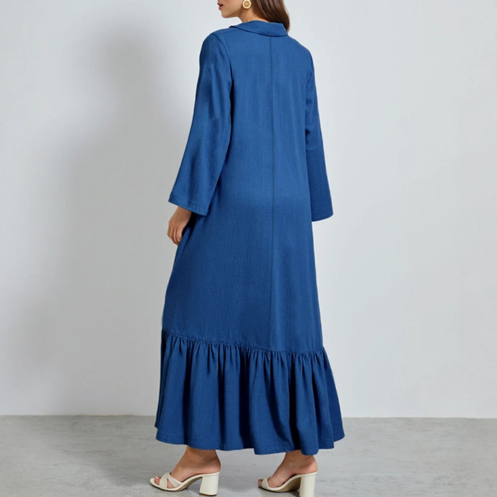 Rafiah Women's Summer Dress Simple Decent Plain Ruffle Long Sleeve Shirt Collar Midi Shirt Dresses Casual Arabian Dress
