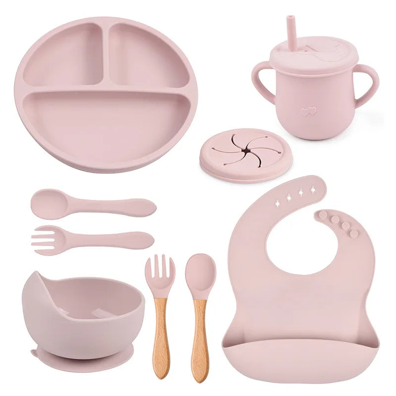 9pcs Baby Silicone Feeding Waterproof Set Children Suction Bowl Plate Spoon Fork Bibs Cup Kids Training Tablewear Bpa Free Gifts