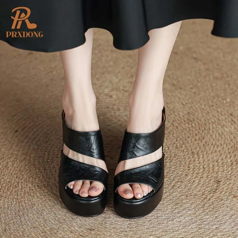 Women's Genuine Leather Chunky High Heels Open Toe Sandals Black Brown Size 39