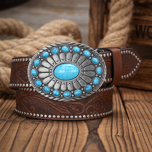 Men & Women-Western-Cowboy-PU Leather-Belts - Vintage horse Belt Floral Engraved Buckle Belt for Jeans