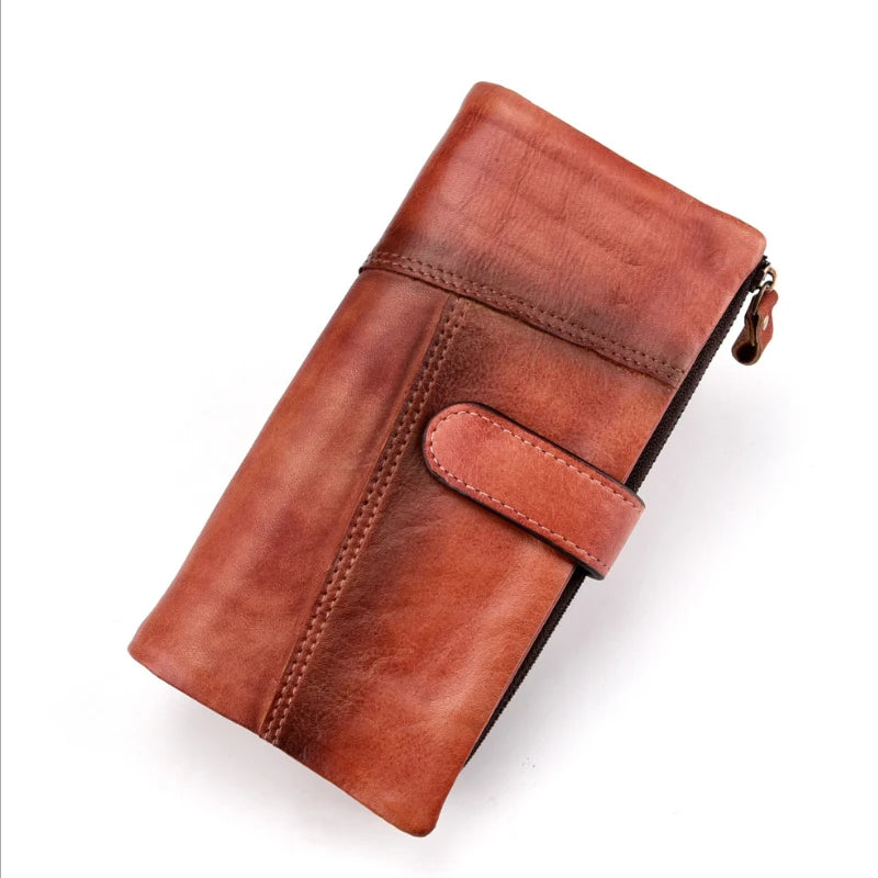 Motaora Vintage Cowhide Purse Oil Wax Long Wallet For Ladies Multi-card Splicing Wallet Genuine Leather coin purses holders