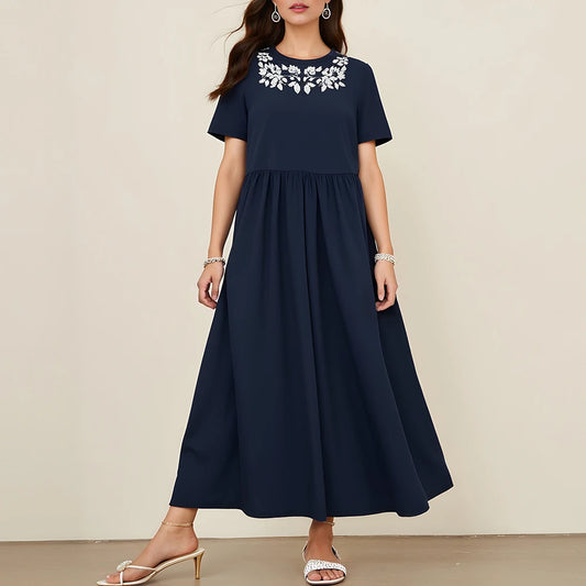 Rafiah Women's Summer 2025 Dress Solid Color V-Neck Floral Embroidered Short Sleeve Relaxed Silhouette Long Dress