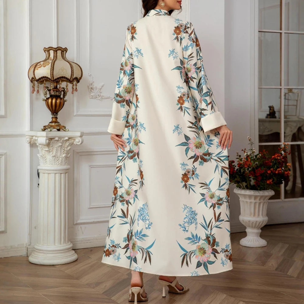 Rafiah Summer Dress 2025 Women's Arabian Elegant Botanical Print Rolled Long Sleeve Half Open Collar A-Line Midi Dress