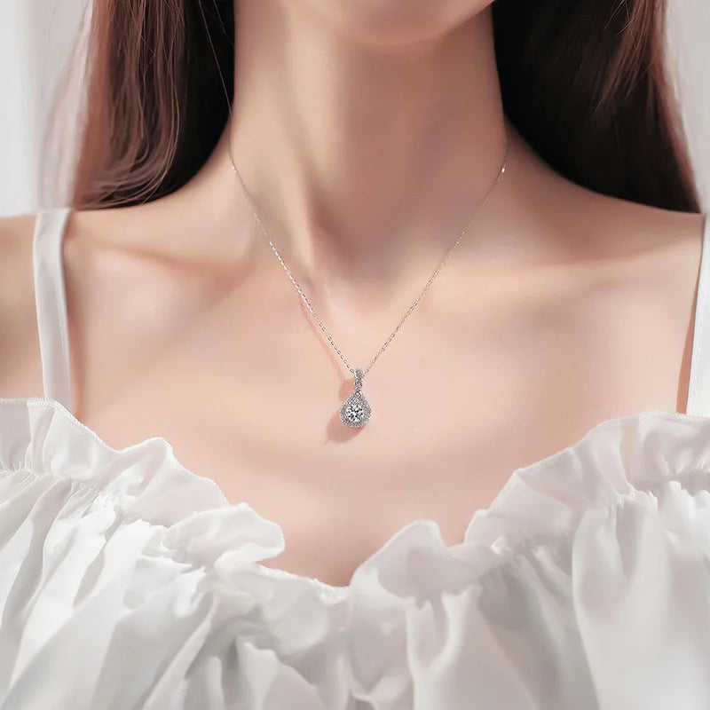 JoyceJelly 1CT Colorful Moissanite Necklace Sterling Silver 925 Jewelry Female Water Drop Shaped Pendant Top Quality Dating Gift