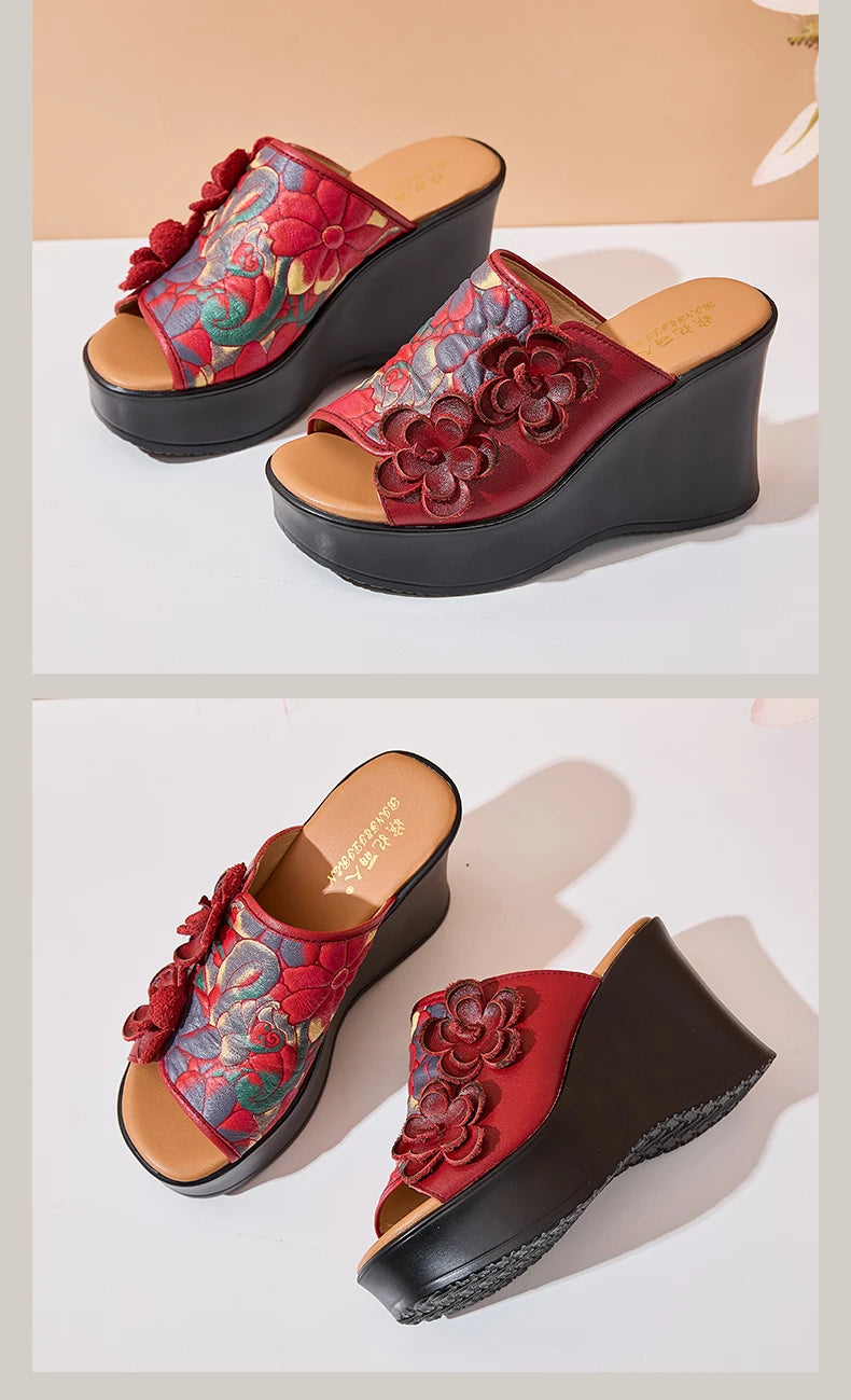Genuine Leather Women Flower High Heels Wedges Summer Platform Slippers