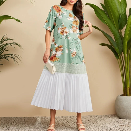 Rafiah Women's Summer 2025 Arabian Dress Contrast Color Short Sleeve Round Neck Floral Print Tiered Ruffle Long Dress