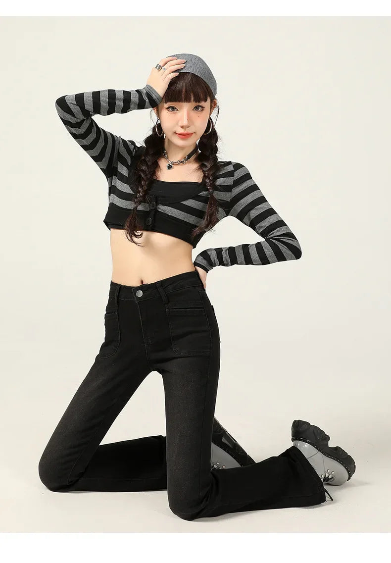American Style Vintage Jeans Women's Slim Fit High Street Bootcut Pants 2024 Autumn Winter Slimming Petite Bootcut Trousers