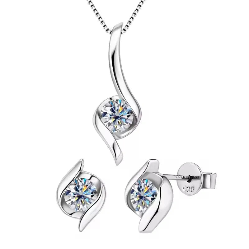 Sterling Silver 925 Real Moissanite Jewelry Set for Women 2.0ctw D Color Lab Diamond Stud Earrings Pendant Necklace Sets Gift