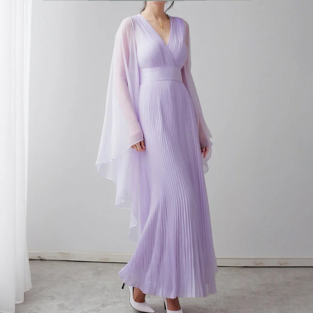 Rafiah Summer Women's Arabian Dresses 2025 Classic Elegant Solid Color Folds Gauze Long Sleeve V-Neck Evening Dresses